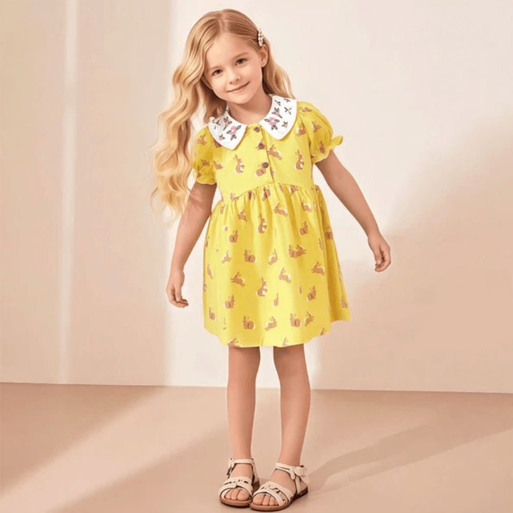 Sweet Bunny Print Girls Dress With Puff Sleeves