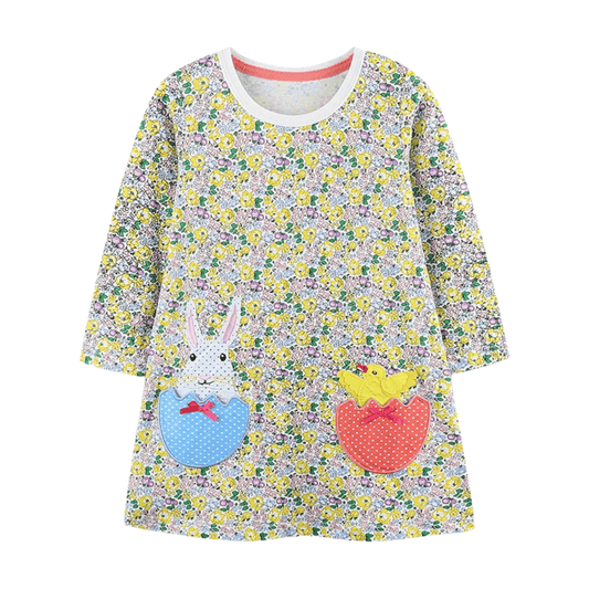 Girls Bunny & Chick Floral Long Sleeve Dress