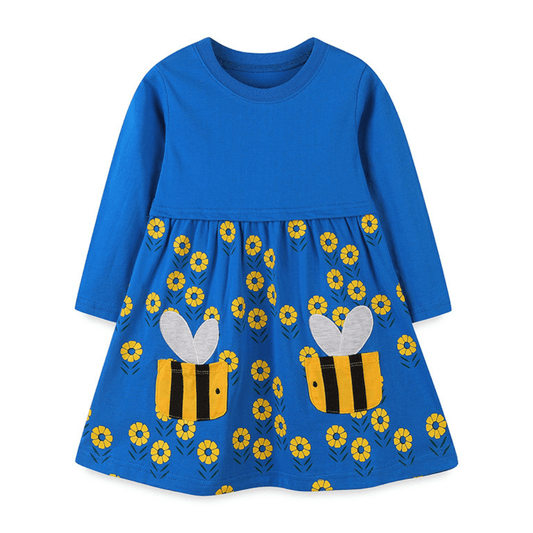 Cheerful Buzzing Bee & Flower Girls Long Sleeve Dress