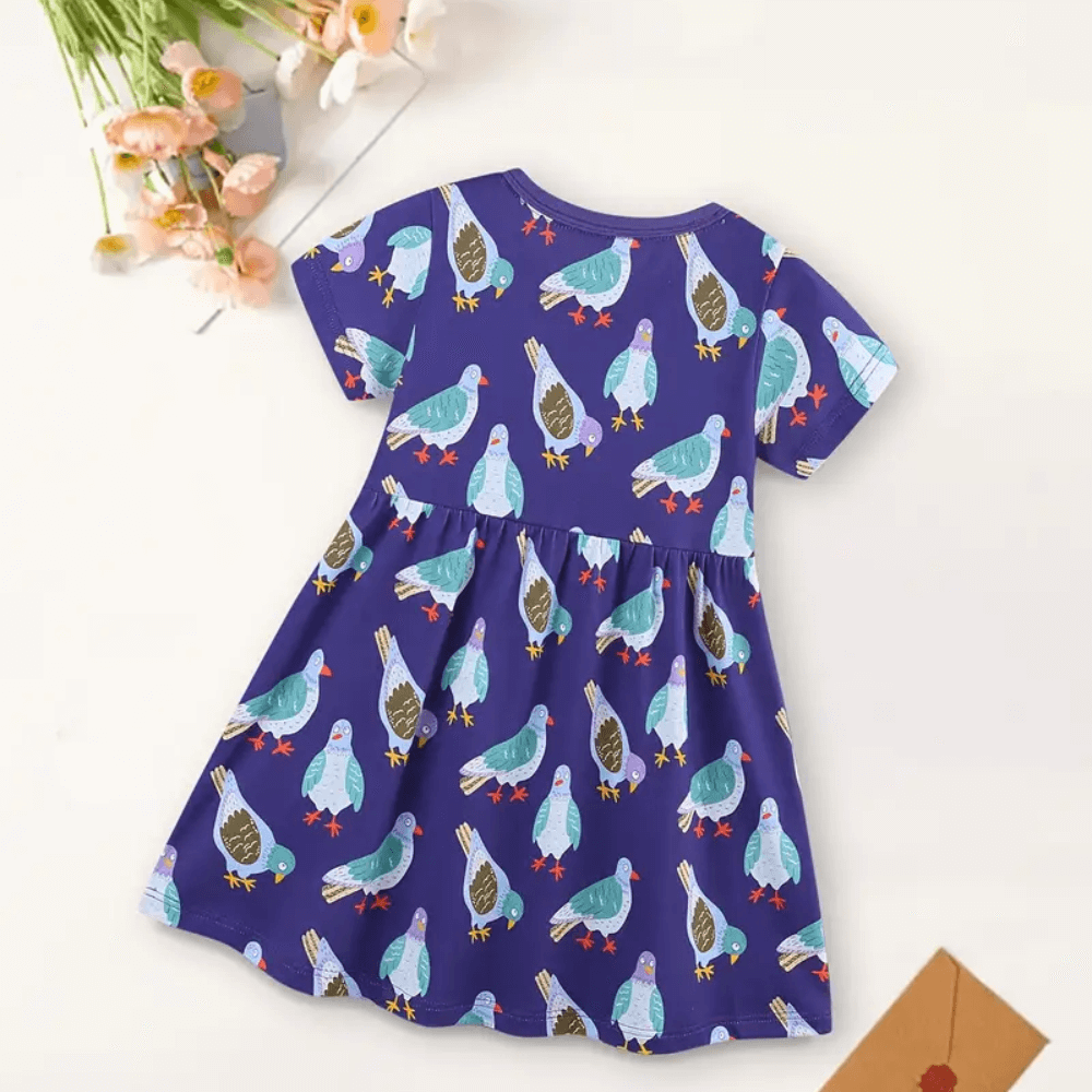 Cheerful Purple Pigeon Print Girls Dress With Pocket
