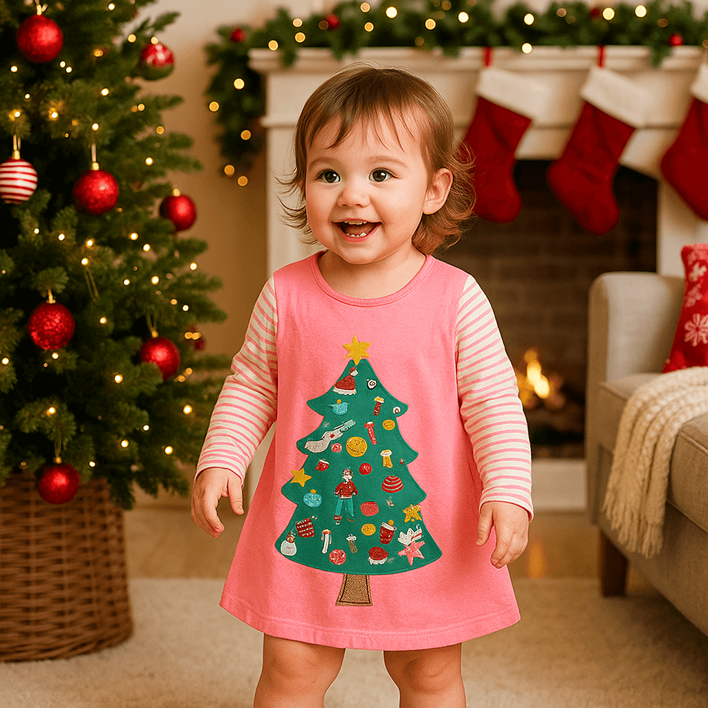 Festive Christmas Tree Girls Long Sleeve Dress
