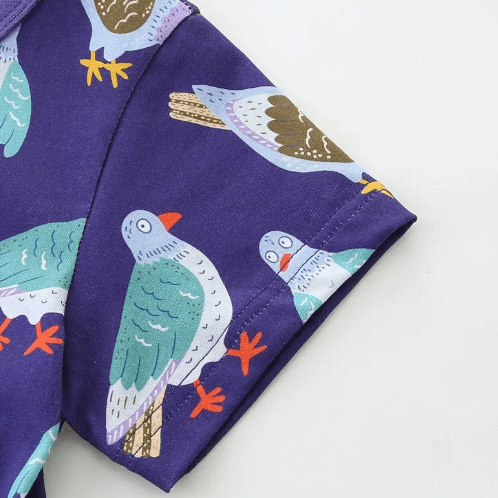 Cheerful Purple Pigeon Print Girls Dress With Pocket