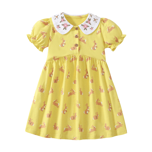 Sweet Bunny Print Girls Dress With Puff Sleeves
