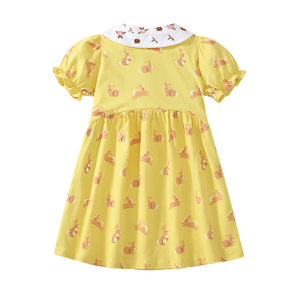 Sweet Bunny Print Girls Dress With Puff Sleeves