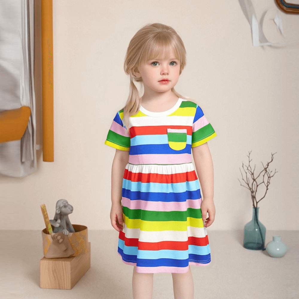 Rainbow Stripe Girls Summer Dress With Pocket