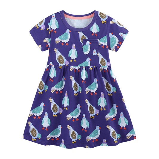 Cheerful Purple Pigeon Print Girls Dress With Pocket