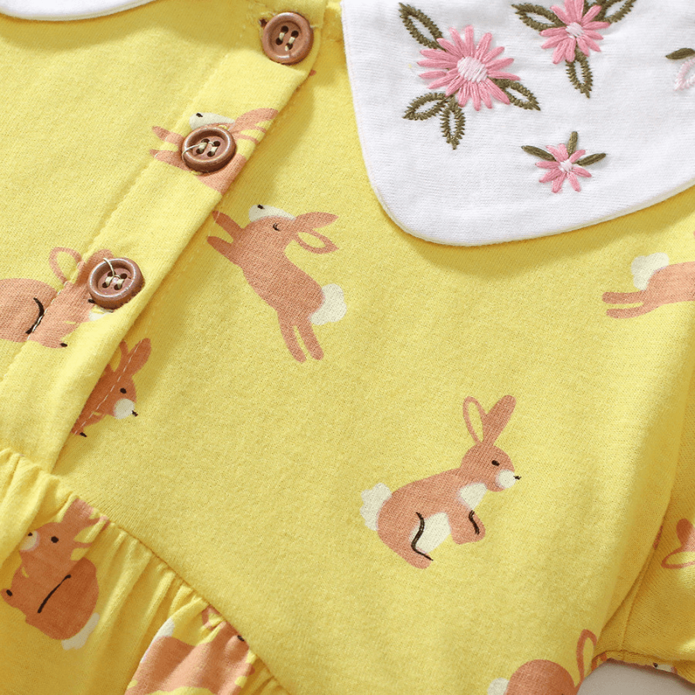 Sweet Bunny Print Girls Dress With Puff Sleeves