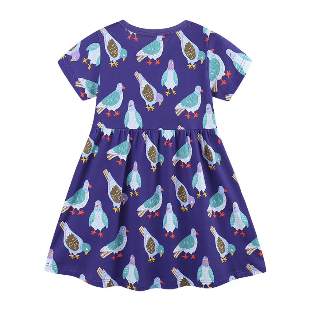 Cheerful Purple Pigeon Print Girls Dress With Pocket