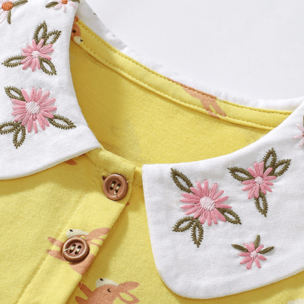 Sweet Bunny Print Girls Dress With Puff Sleeves