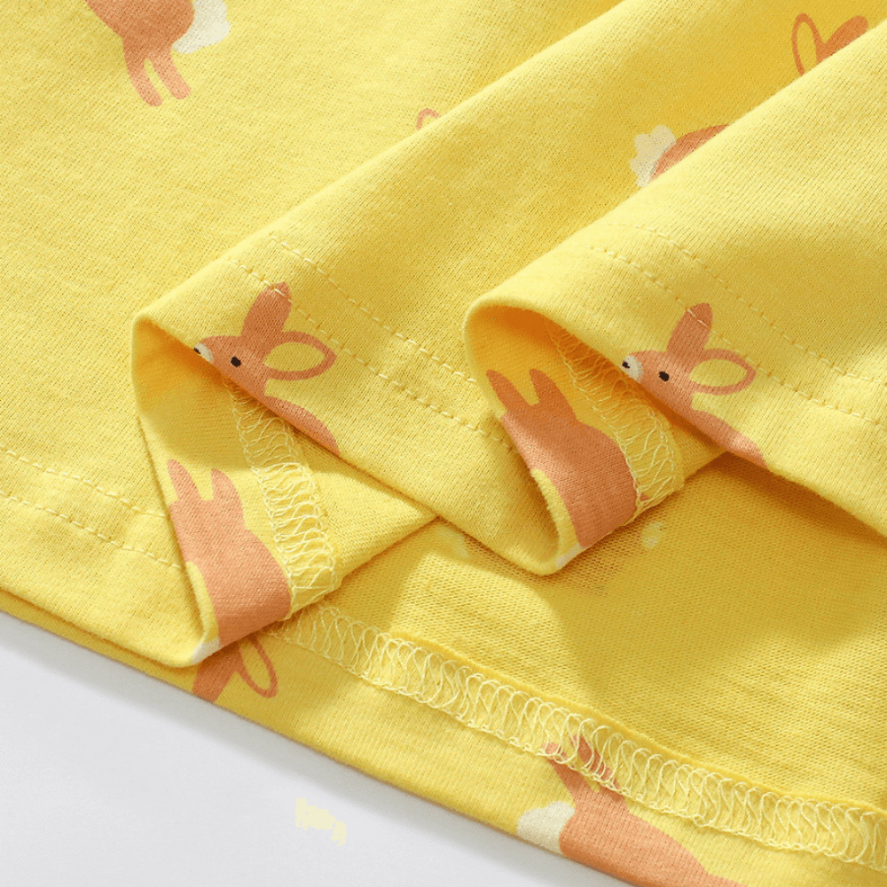 Sweet Bunny Print Girls Dress With Puff Sleeves