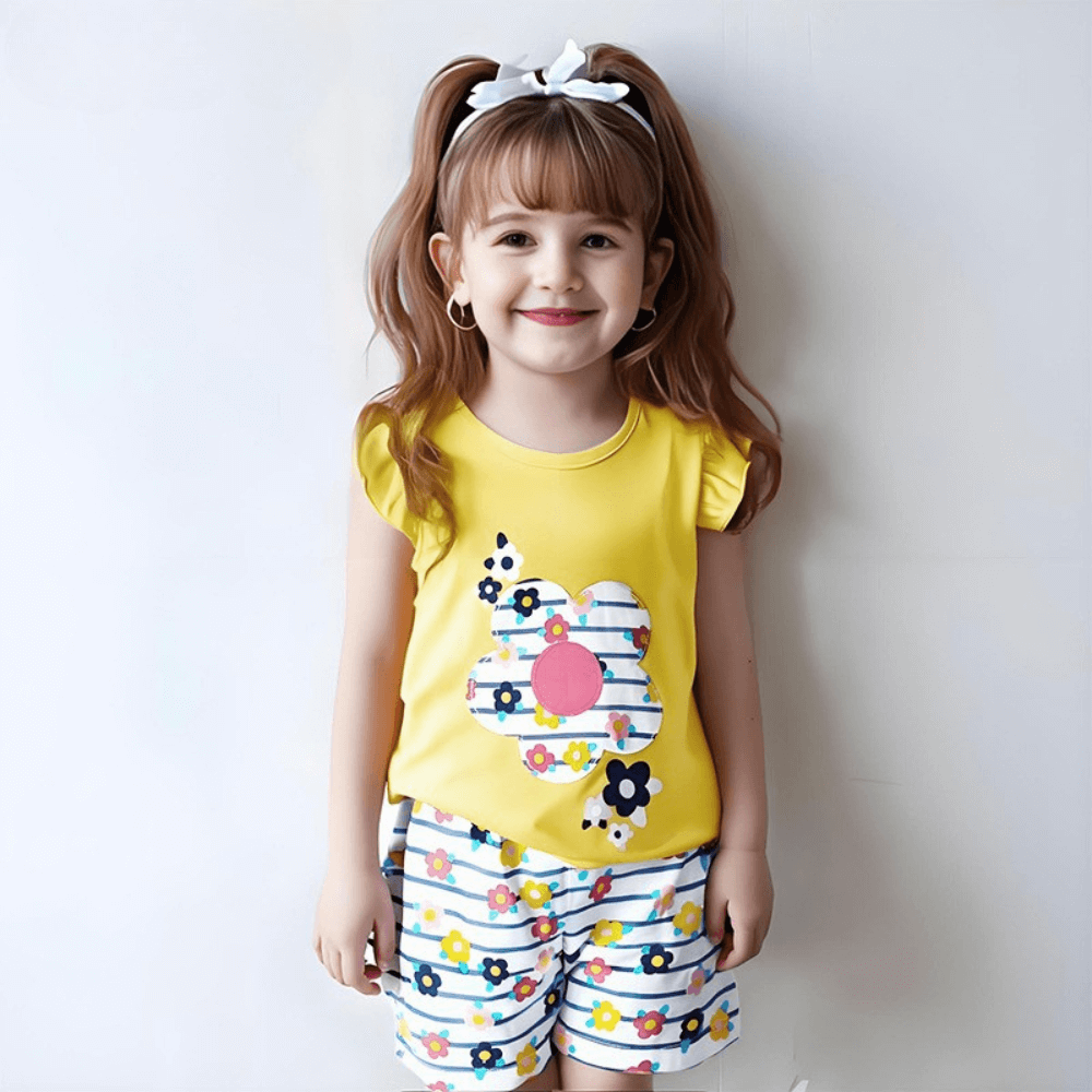 Sunny Flower Ruffle Top & Striped Shorts Set