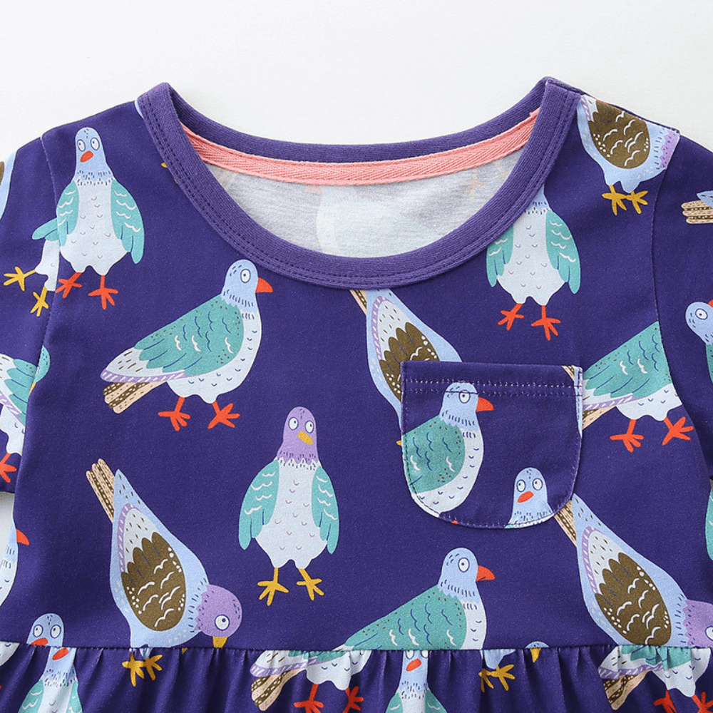 Cheerful Purple Pigeon Print Girls Dress With Pocket