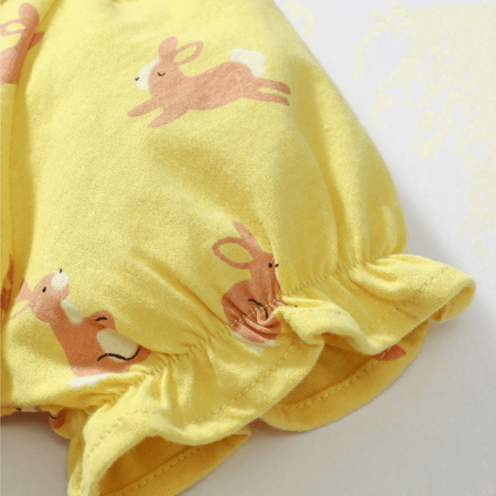 Sweet Bunny Print Girls Dress With Puff Sleeves