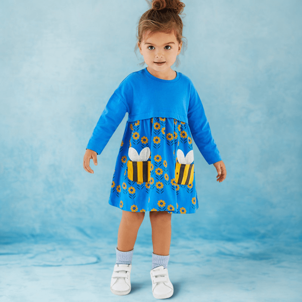 Cheerful Buzzing Bee & Flower Girls Long Sleeve Dress