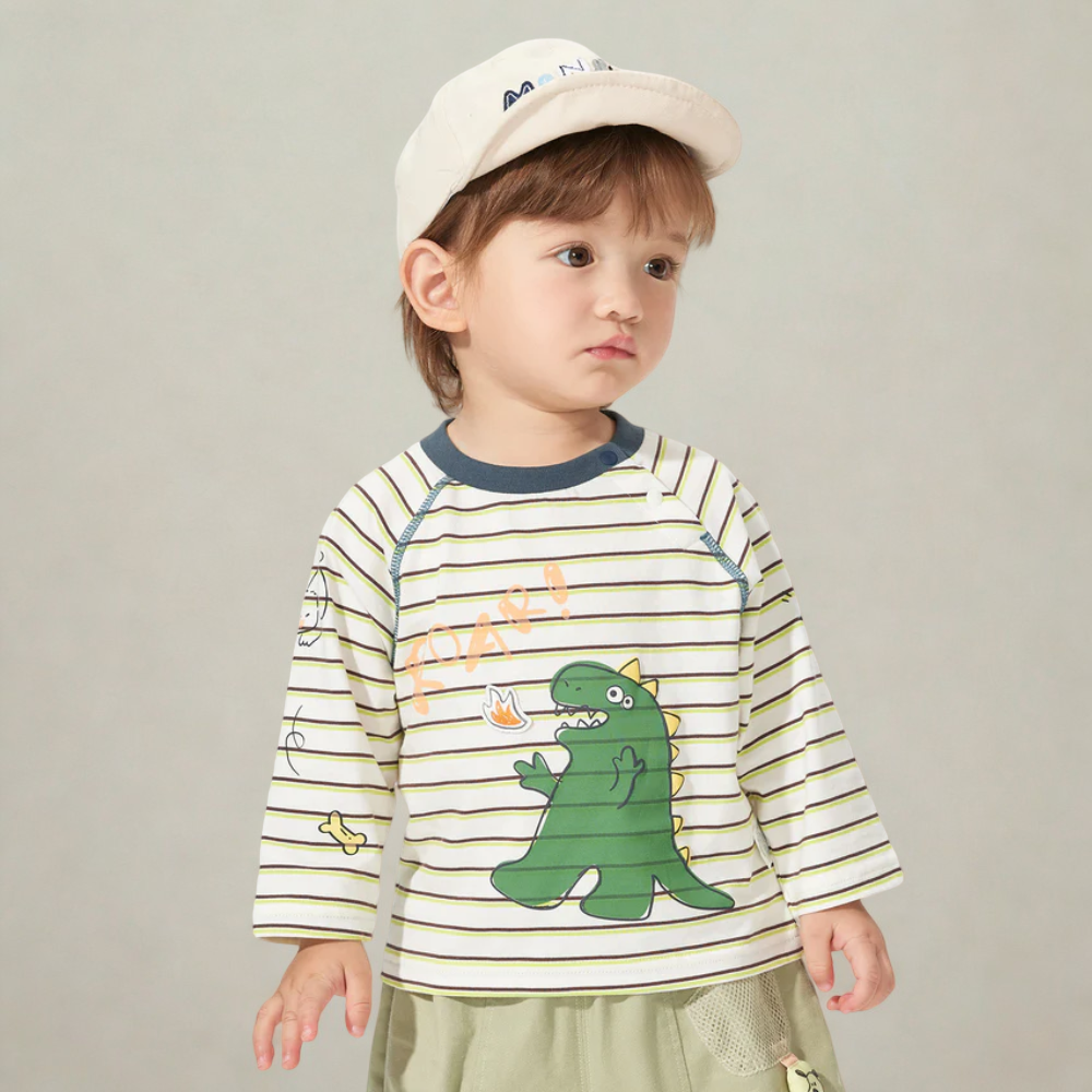 Boys Striped Dinosaur Print Long Sleeve Shirt