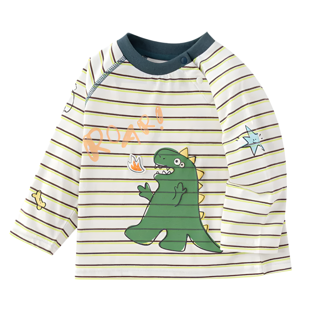 Boys Striped Dinosaur Print Long Sleeve Shirt