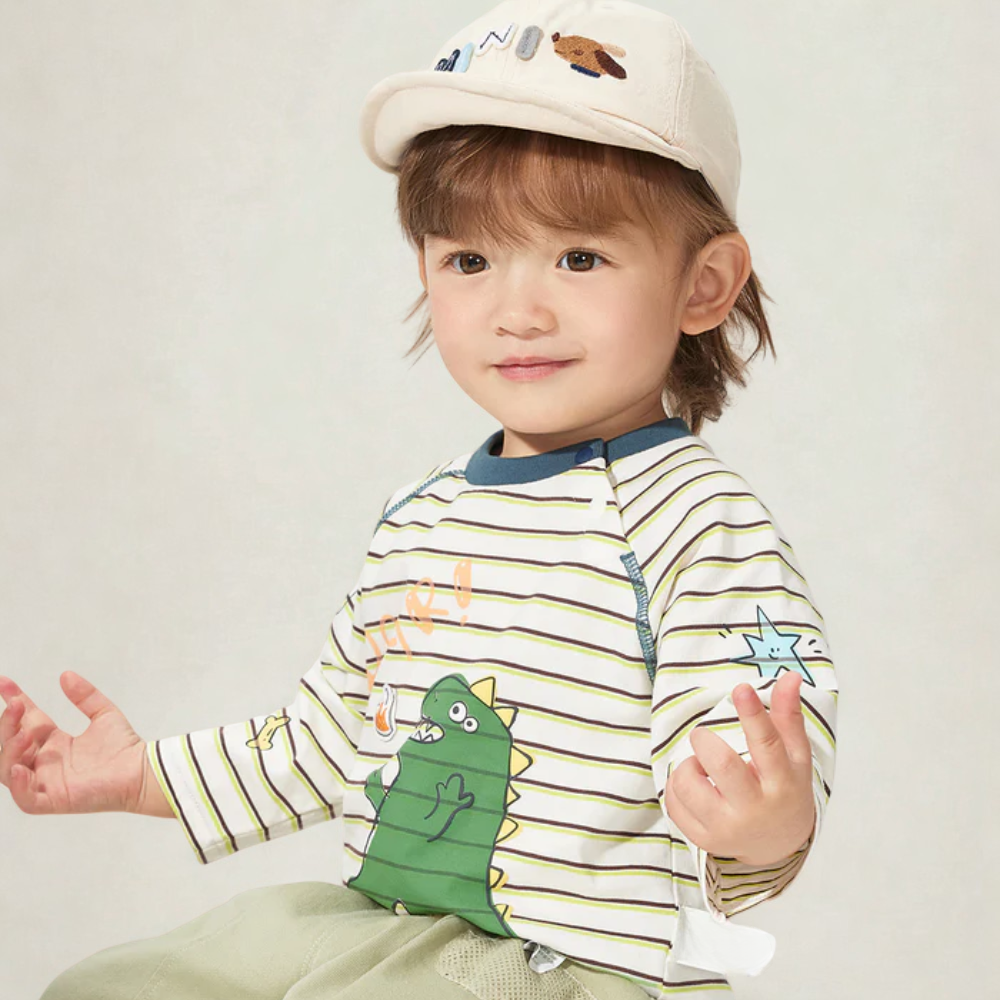 Boys Striped Dinosaur Print Long Sleeve Shirt