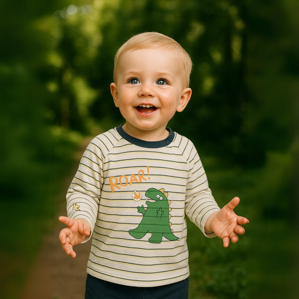 Boys Striped Dinosaur Print Long Sleeve Shirt