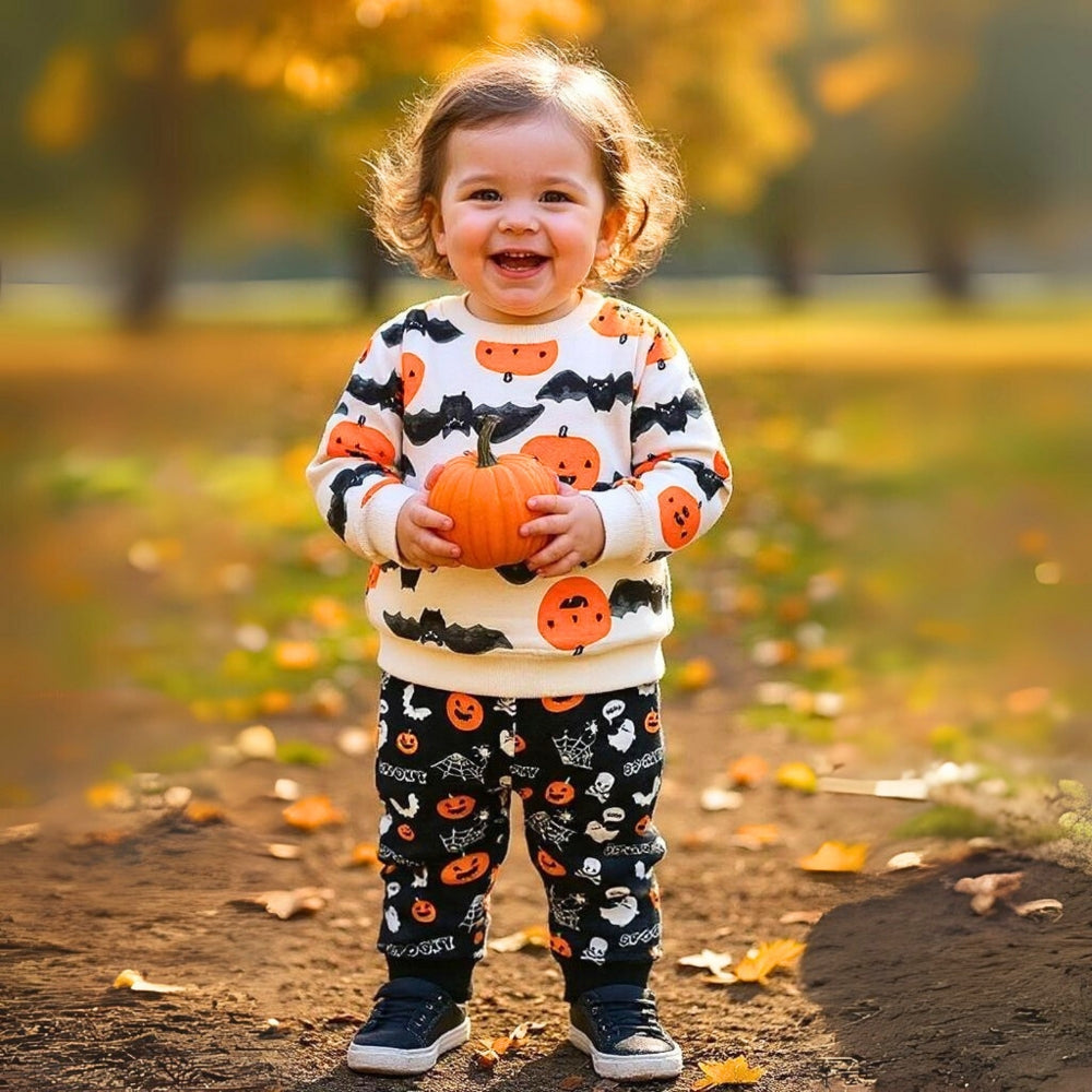 Cozy Halloween Pumpkin and Bat Kids Pajama Set