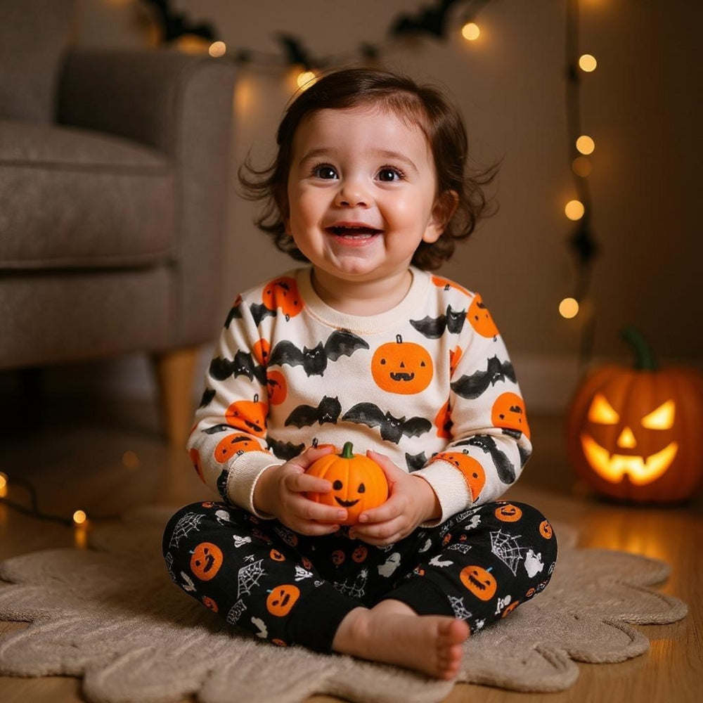 Cozy Halloween Pumpkin and Bat Kids Pajama Set