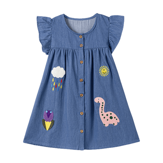 Cute Embroidered Denim Girls Dress With Ruffle Sleeves
