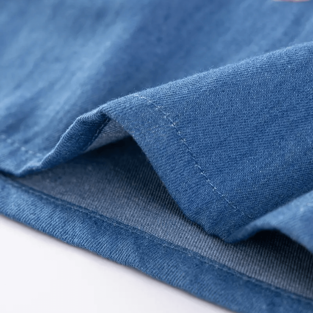 Cute Embroidered Denim Girls Dress With Ruffle Sleeves
