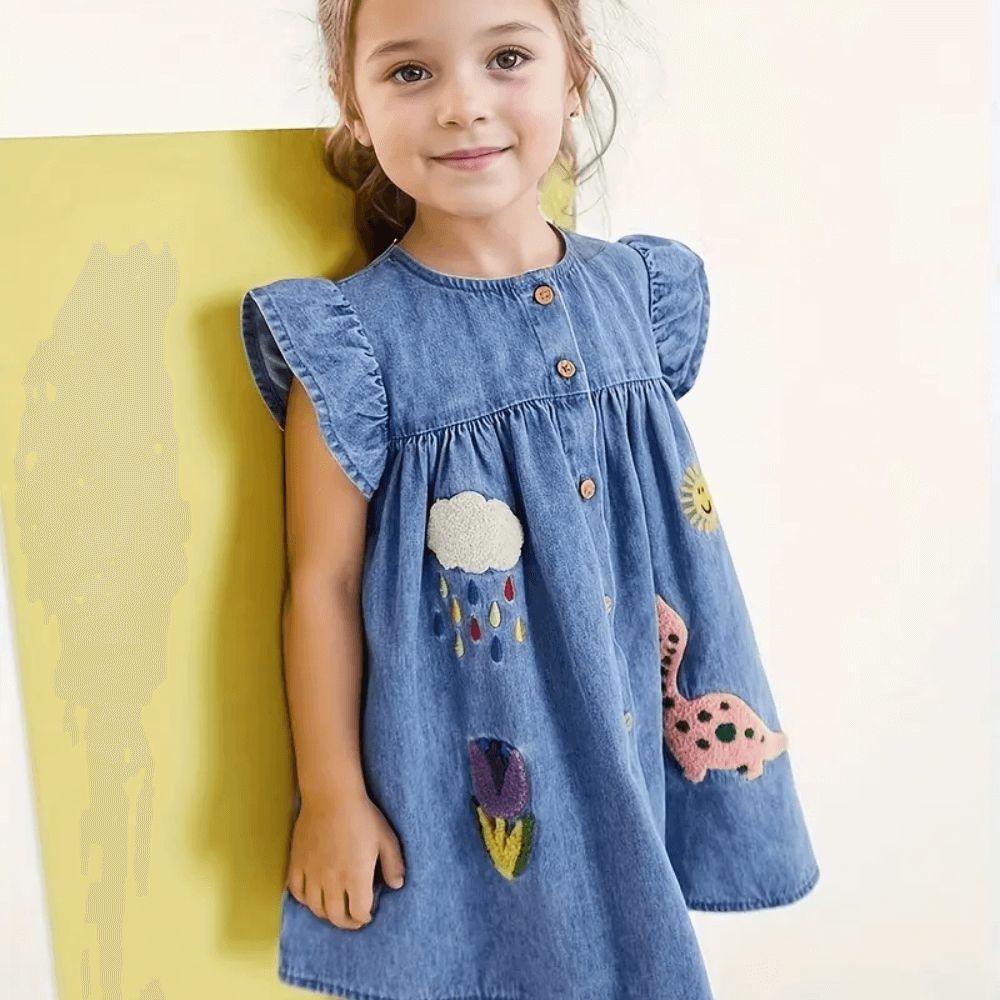 Cute Embroidered Denim Girls Dress With Ruffle Sleeves