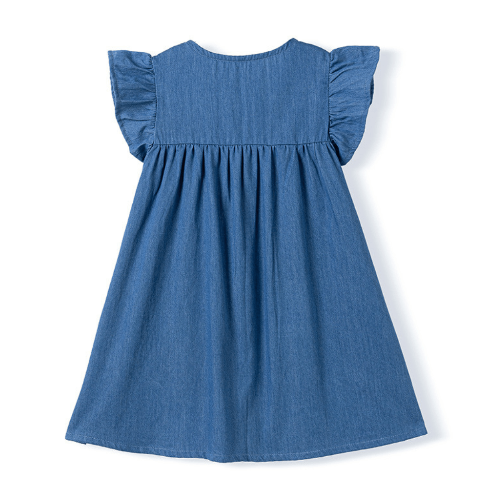 Cute Embroidered Denim Girls Dress With Ruffle Sleeves