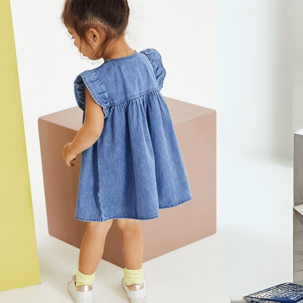 Cute Embroidered Denim Girls Dress With Ruffle Sleeves