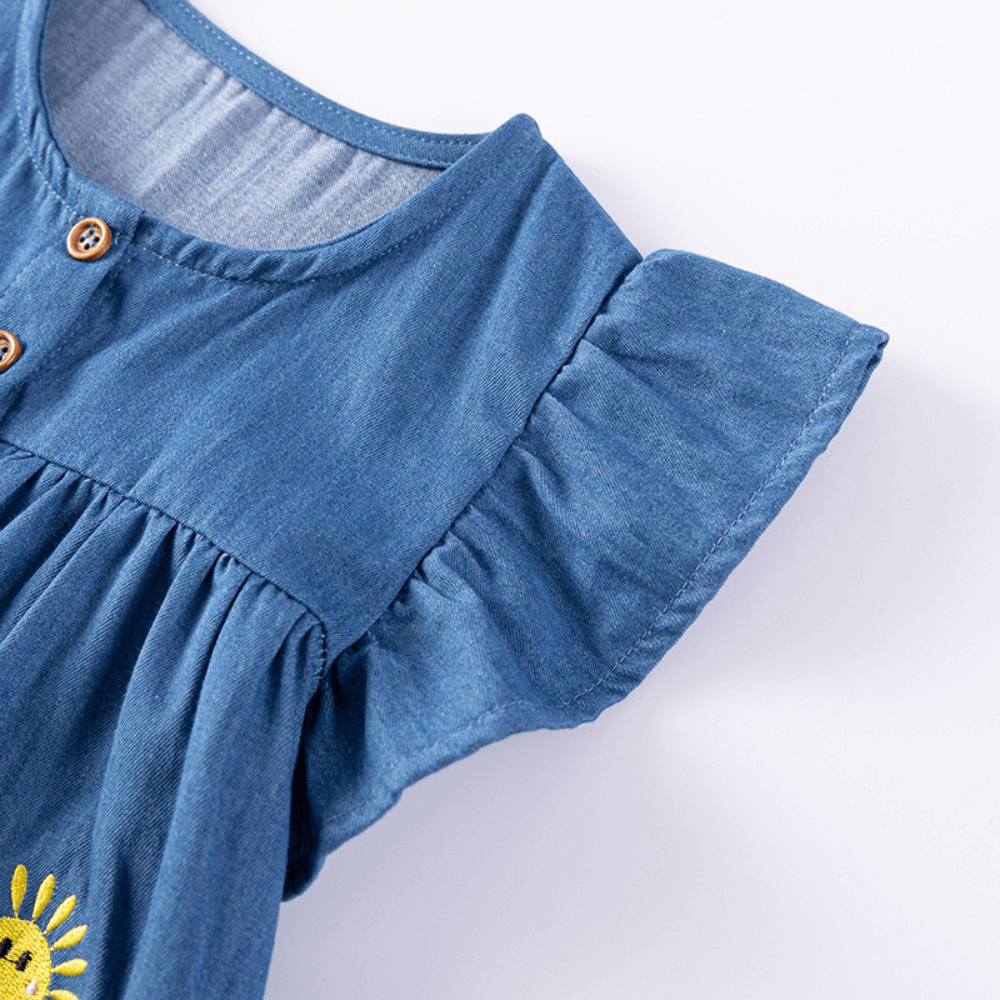 Cute Embroidered Denim Girls Dress With Ruffle Sleeves
