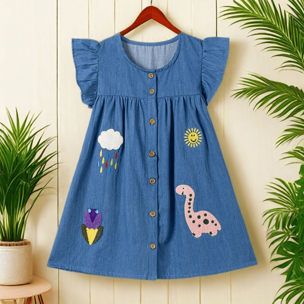 Cute Embroidered Denim Girls Dress With Ruffle Sleeves