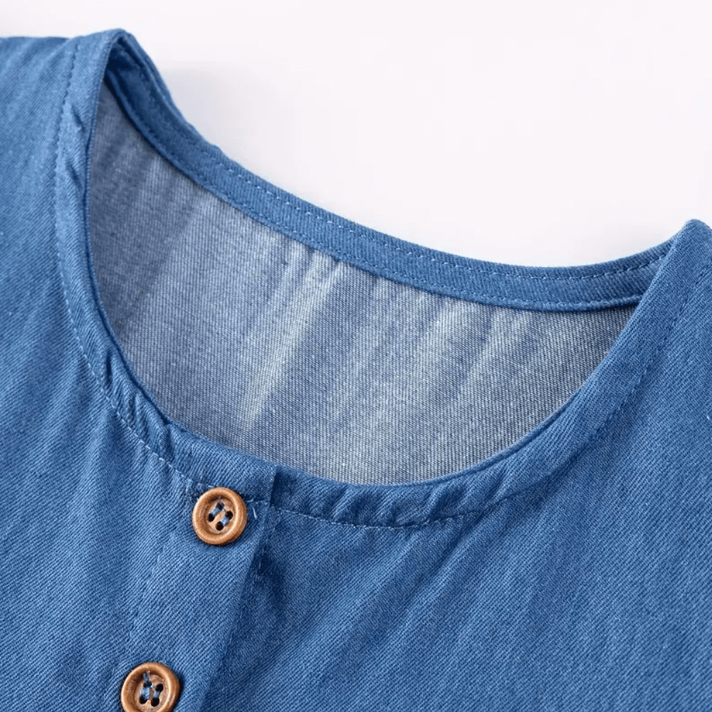 Cute Embroidered Denim Girls Dress With Ruffle Sleeves