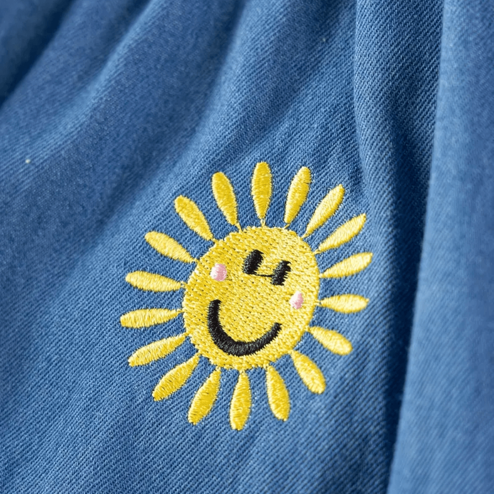Cute Embroidered Denim Girls Dress With Ruffle Sleeves