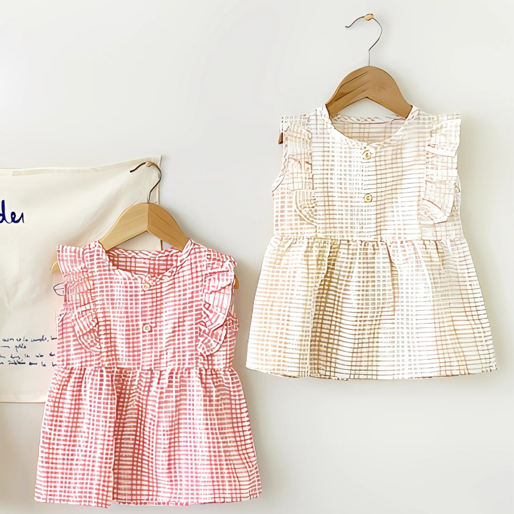 Girls Ruffle Sleeve Gingham Cotton Dress