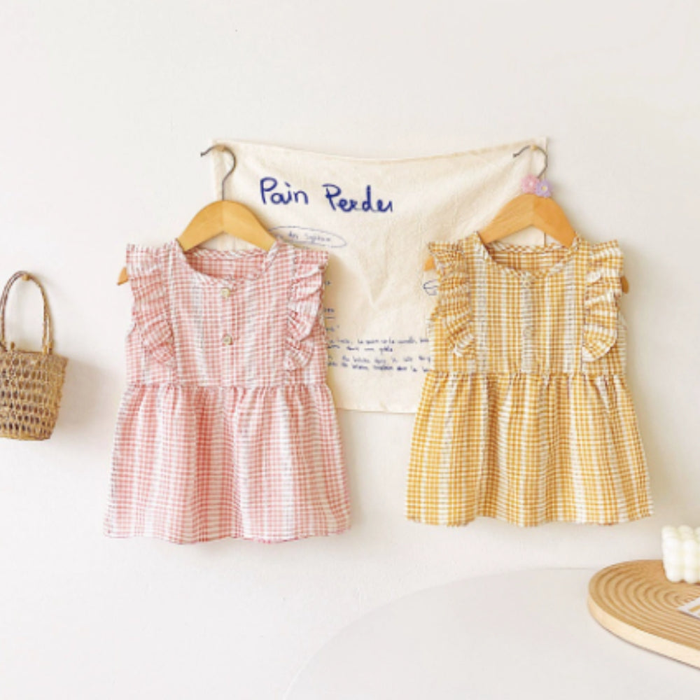 Girls Ruffle Sleeve Gingham Cotton Dress