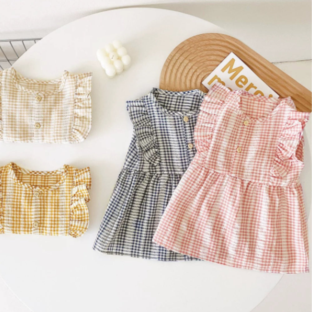 Girls Ruffle Sleeve Gingham Cotton Dress