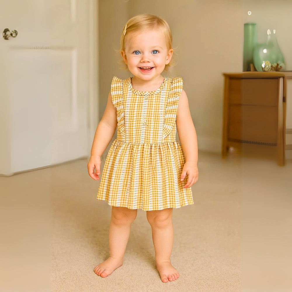 Girls Ruffle Sleeve Gingham Cotton Dress