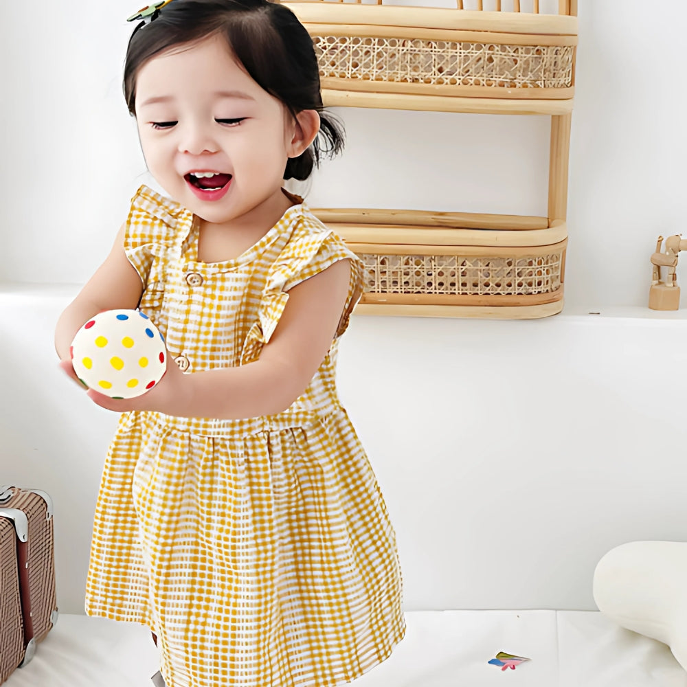 Girls Ruffle Sleeve Gingham Cotton Dress