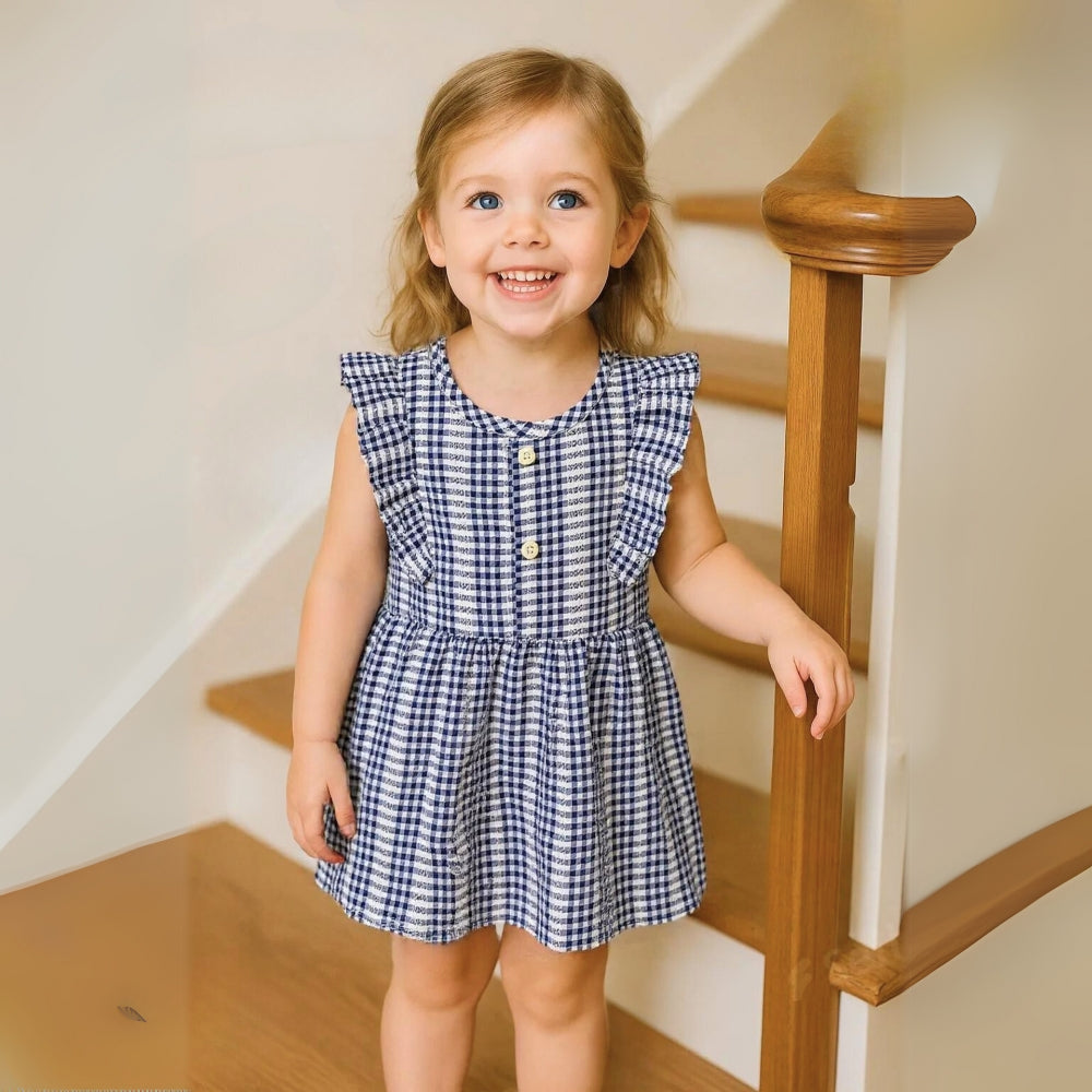 Girls Ruffle Sleeve Gingham Cotton Dress