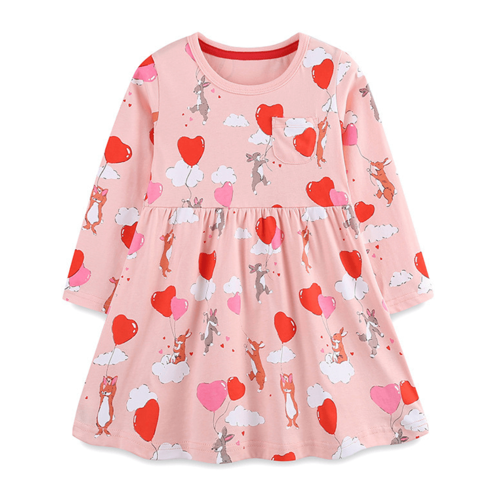 Cozy Pink Heart & Animal Balloon Girls Long Sleeve Dress