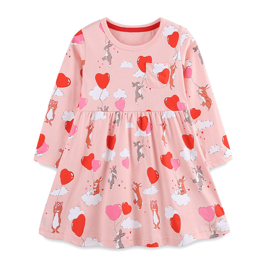 Cozy Pink Heart & Animal Balloon Girls Long Sleeve Dress
