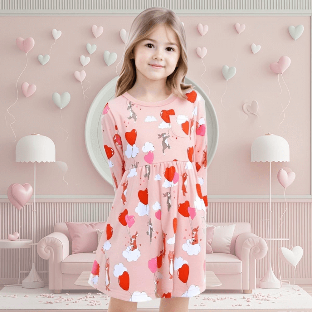 Cozy Pink Heart & Animal Balloon Girls Long Sleeve Dress
