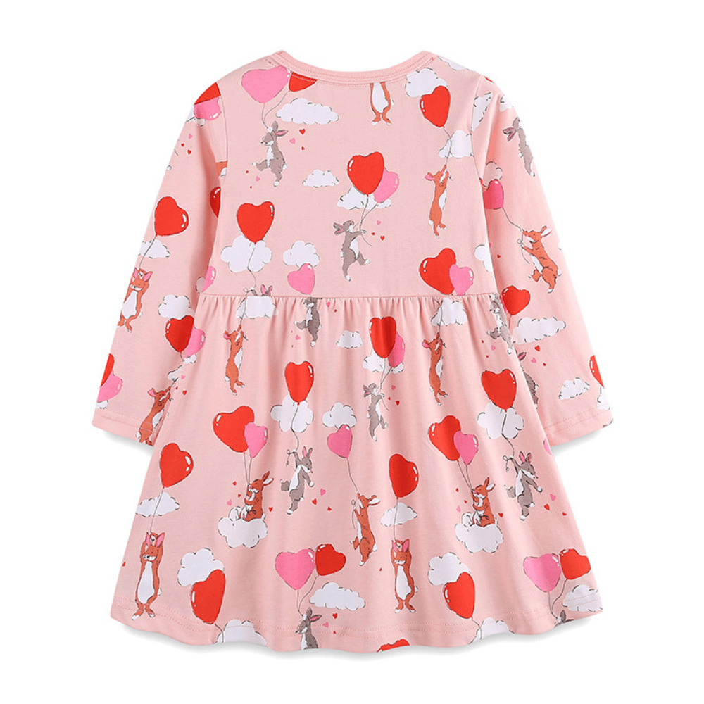 Cozy Pink Heart & Animal Balloon Girls Long Sleeve Dress