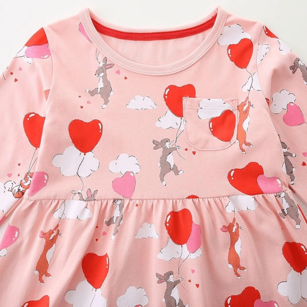 Cozy Pink Heart & Animal Balloon Girls Long Sleeve Dress