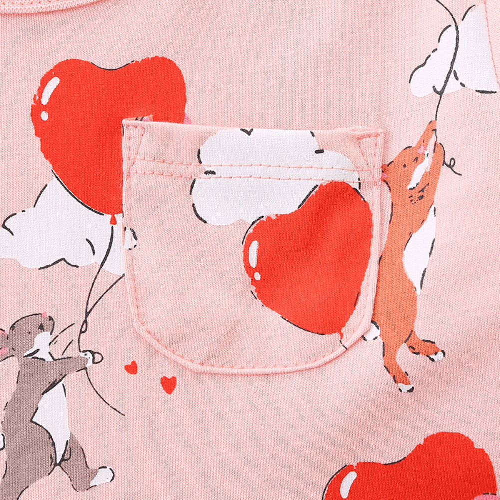 Cozy Pink Heart & Animal Balloon Girls Long Sleeve Dress