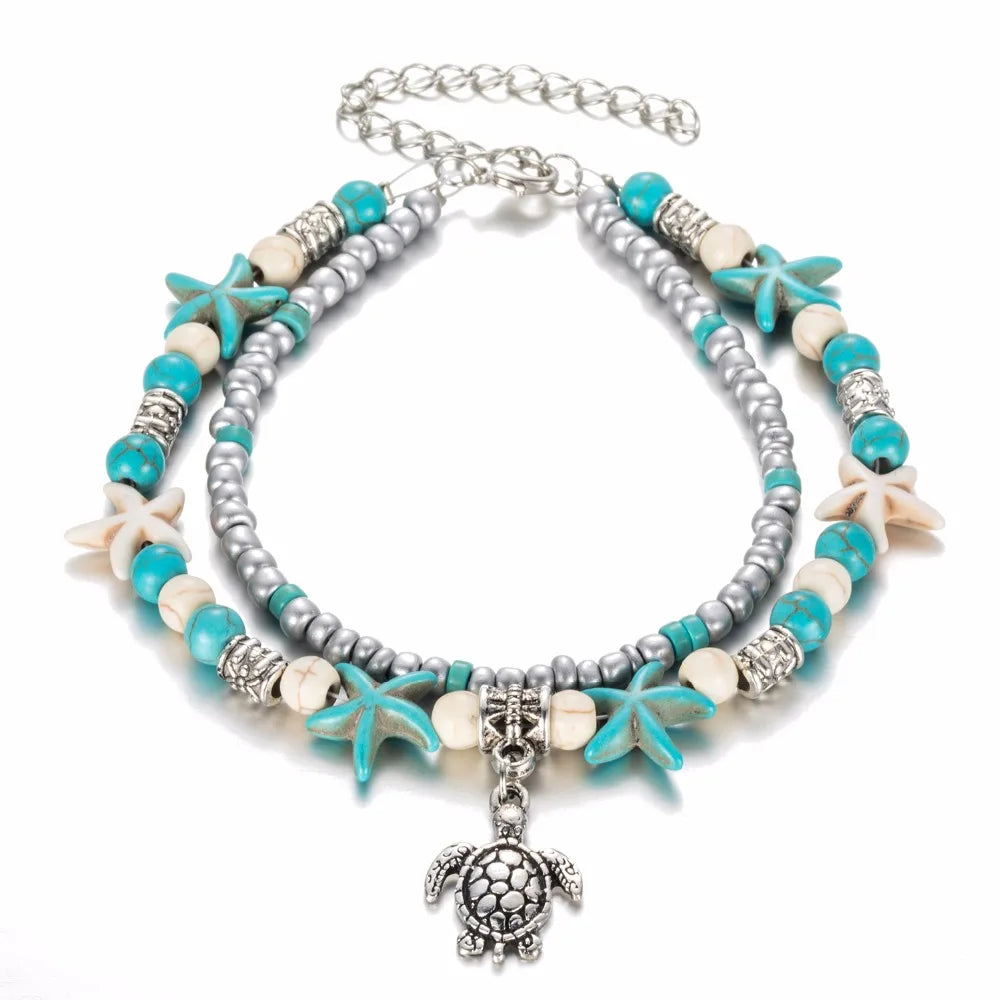 Vintage Sea Turtle Starfish Shell Beads Anklets For Women New Multilayer Anklet Leg Bracelet Handmade Bohemian Jewelry
