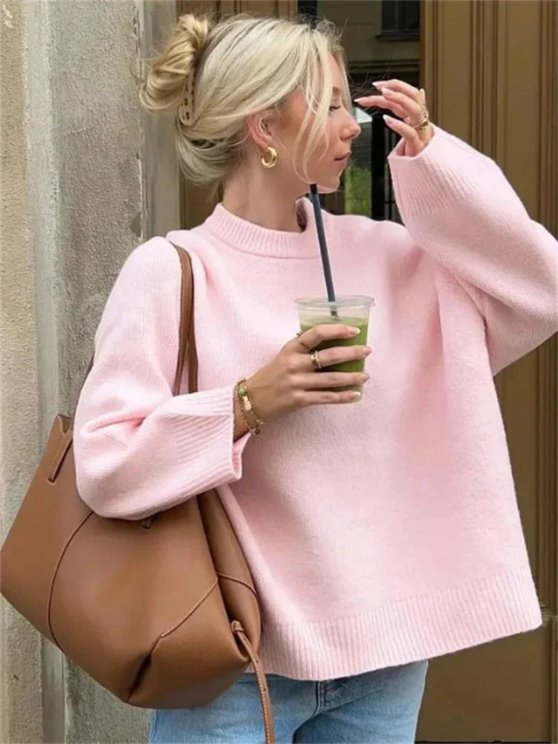 Knit Pullover - Patchwork Front And Cozy Flexible Shape