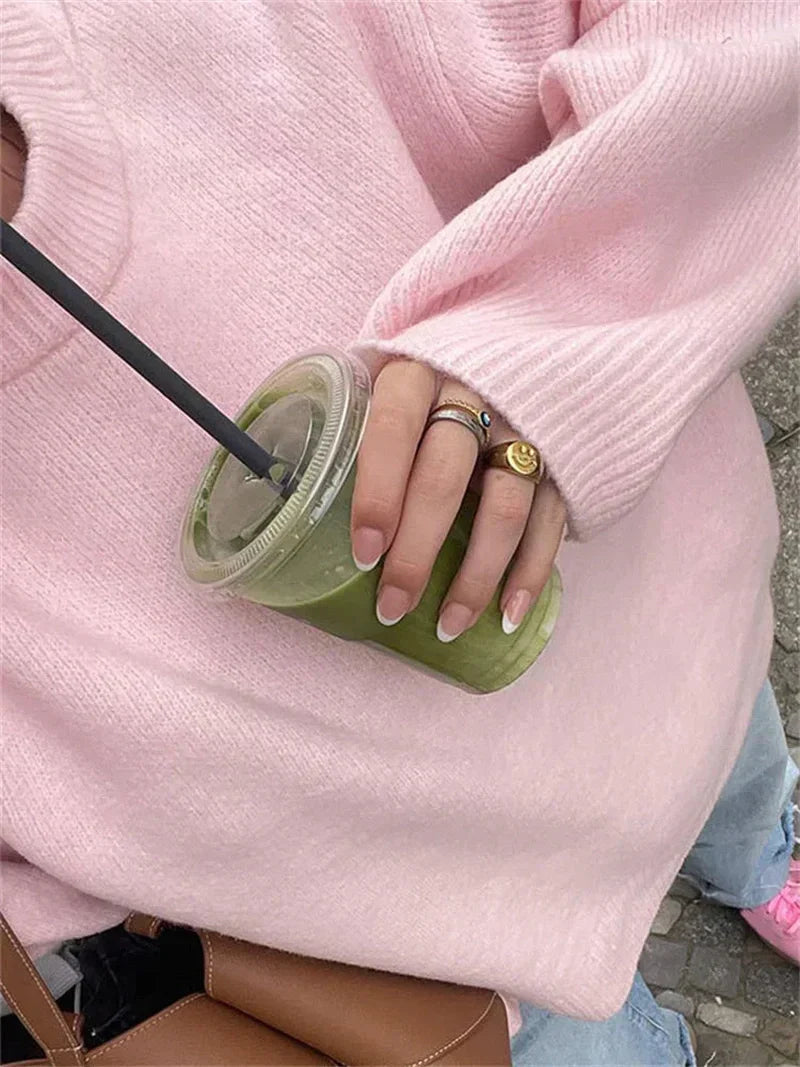 Knit Pullover - Patchwork Front And Cozy Flexible Shape