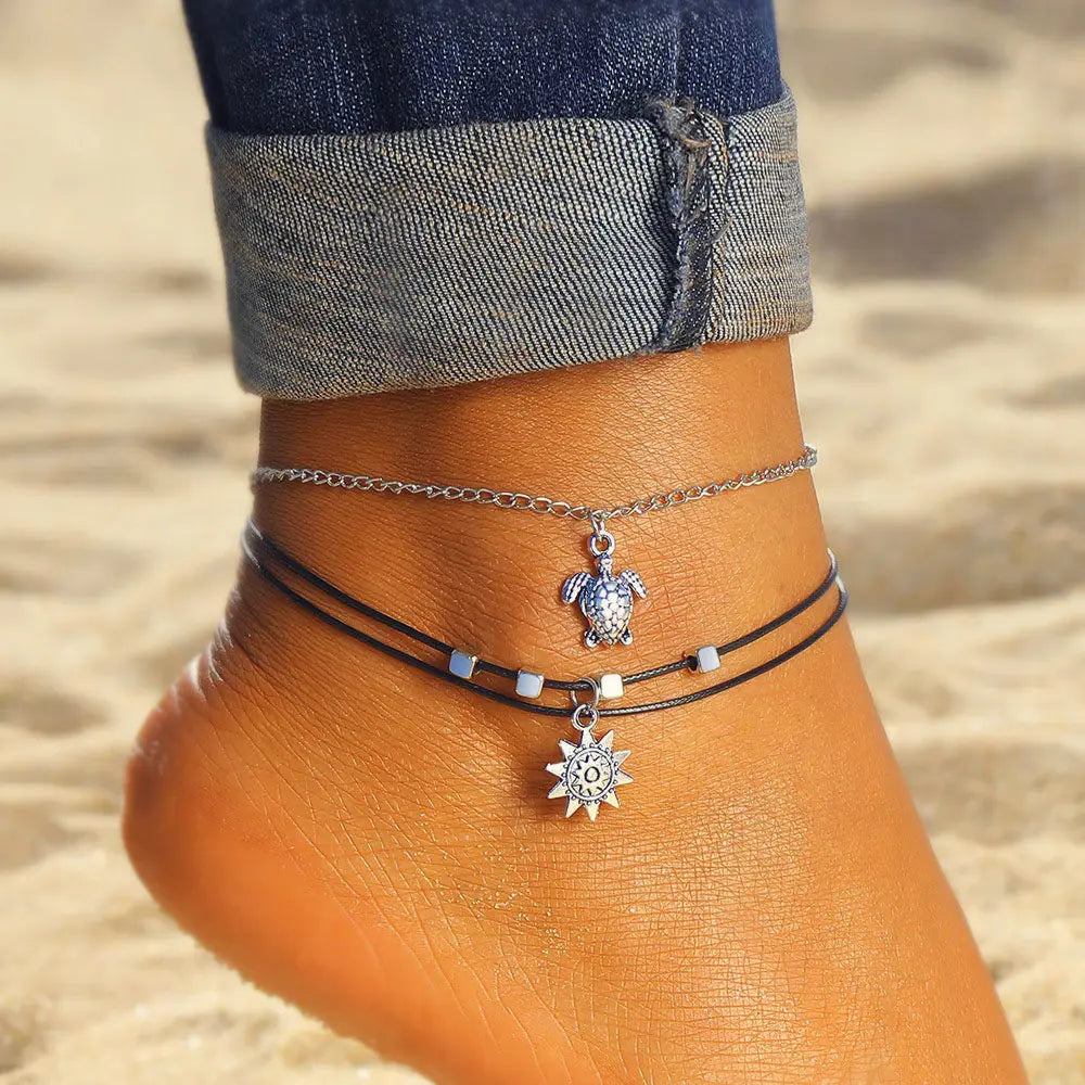 Vintage Sea Turtle Starfish Shell Beads Anklets For Women New Multilayer Anklet Leg Bracelet Handmade Bohemian Jewelry