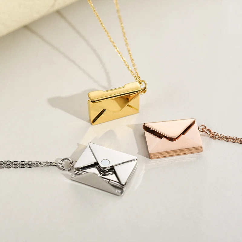 Envelope Locket Necklace with Gold Rose Gold Silver Color Love You Secret Message Pendant Necklace for Girl Mother's Day Gift